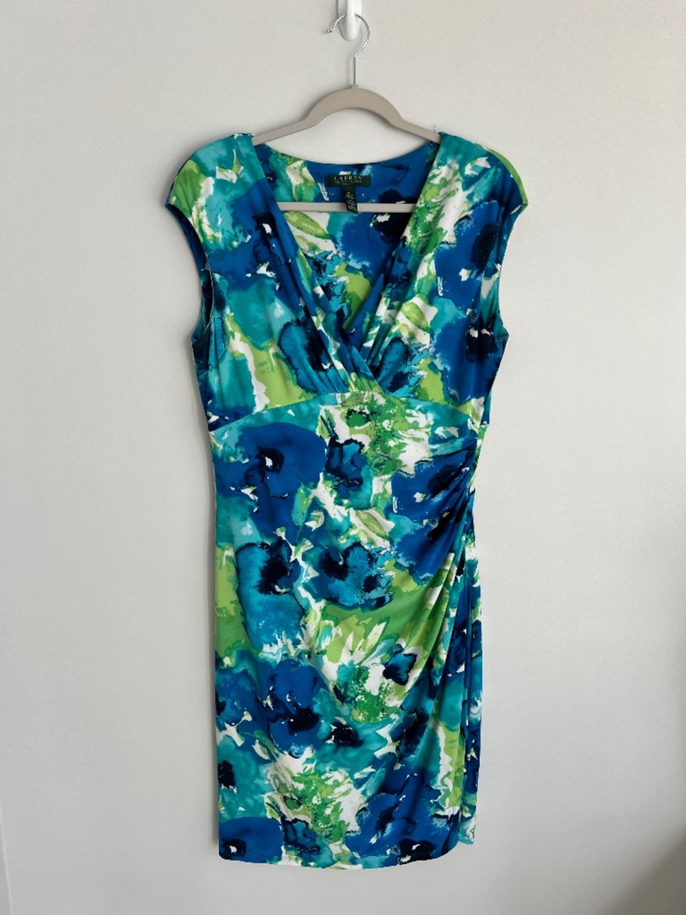 Lauren Ralph Lauren Blue Green Floral V-Neck Ruched Faux Wrap Sheath Dress 12